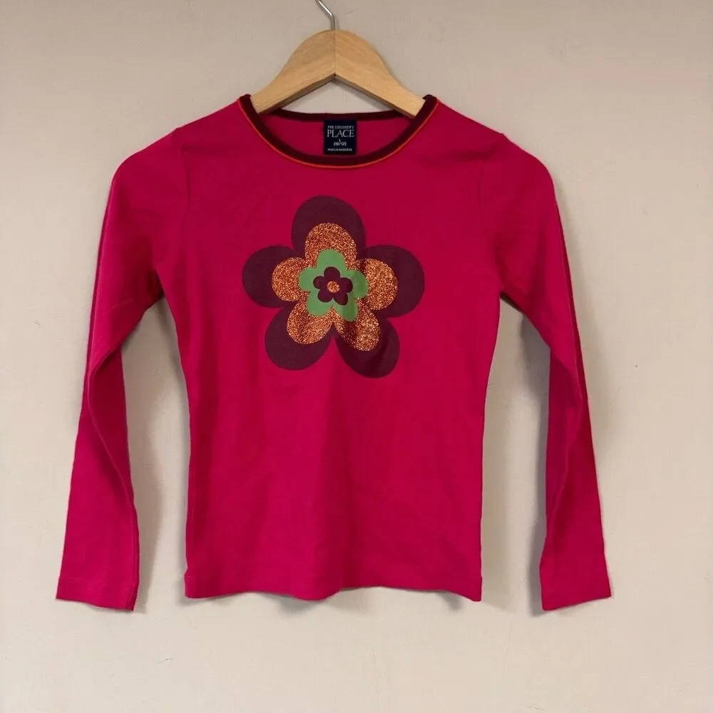 Flower Shirt Girls Large 10-12 Glitter Hippie Fuchsia Pink Long Sleeve Fall